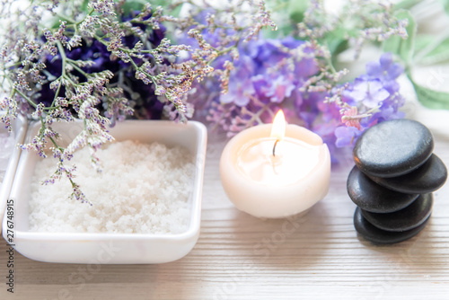 Photography Spa treatment and product for female feet and manicure nails spa with lavender flower and rock stone, copy space, select focus, Thailand