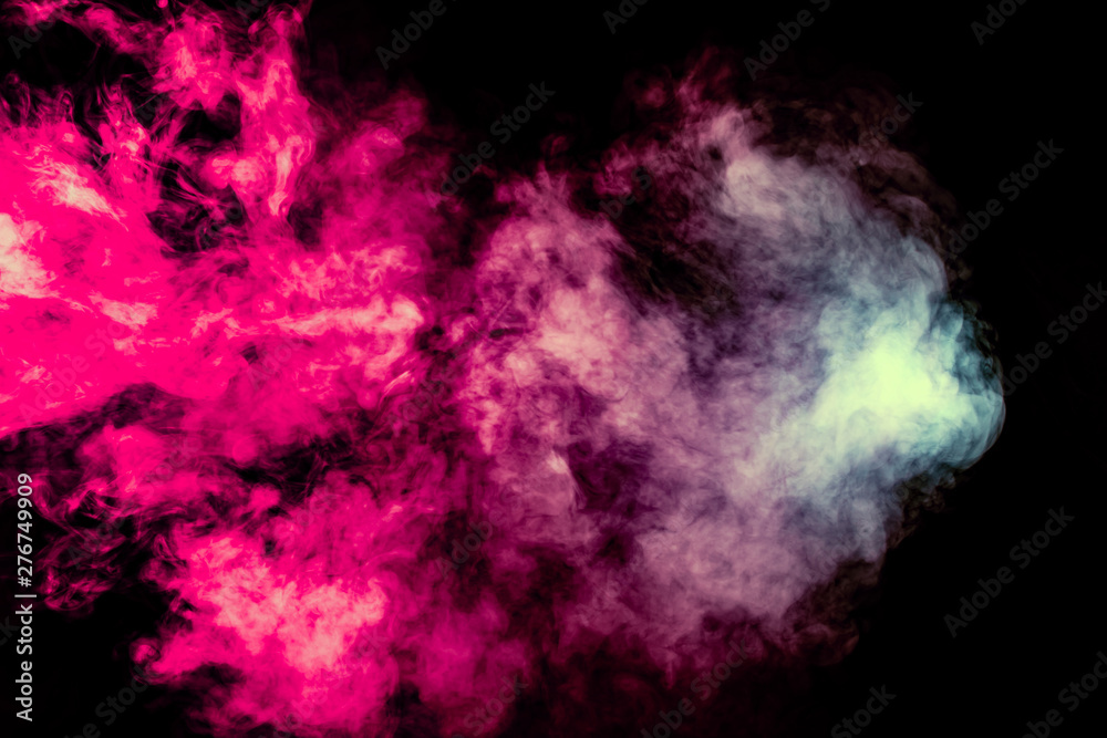 Fototapeta premium Colored background with winding clouds of smoke from patterns of different forms of pink, green and blue colors with tongues of flame on a black isolated background