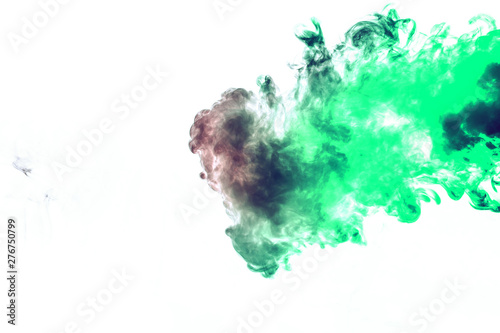 Colored background with winding clouds of smoke from patterns of different forms of red  green colors with tongues of flame on a white isolated background as ink or poison