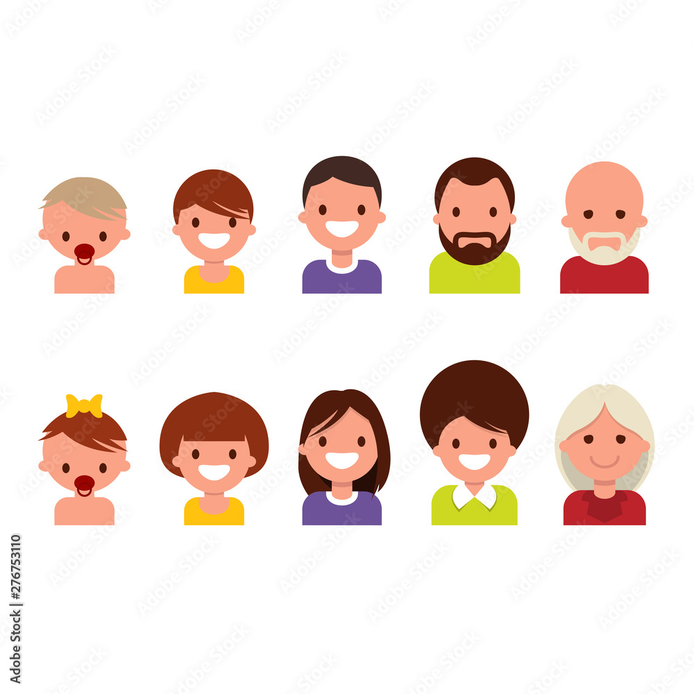 Lifecycle from birth to old age, ageing. People of different ages, from childhood to old age, icon set Lifecycle from birth to old age, ageing. People of different ages, from childhood to old age, icon set