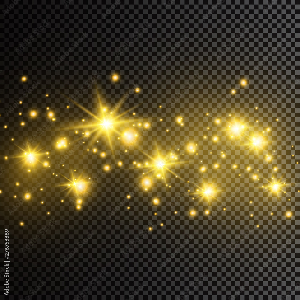 Obraz premium Dust white. White sparks and golden stars shine with special light. Vector sparkles on a transparent background. Christmas abstract pattern. Sparkling magical dust particles.