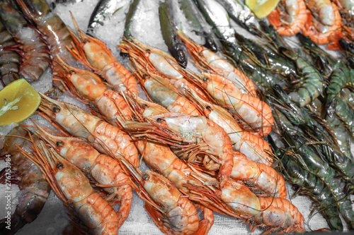 fresh shrimp on ice at the fish market