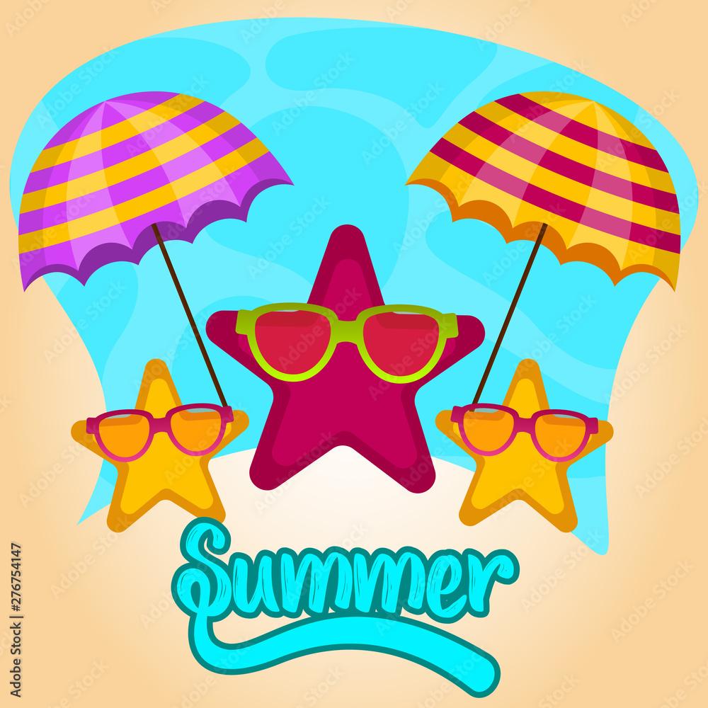 Sumer vacation poster with a starfishes and beach umbrellas - Vector