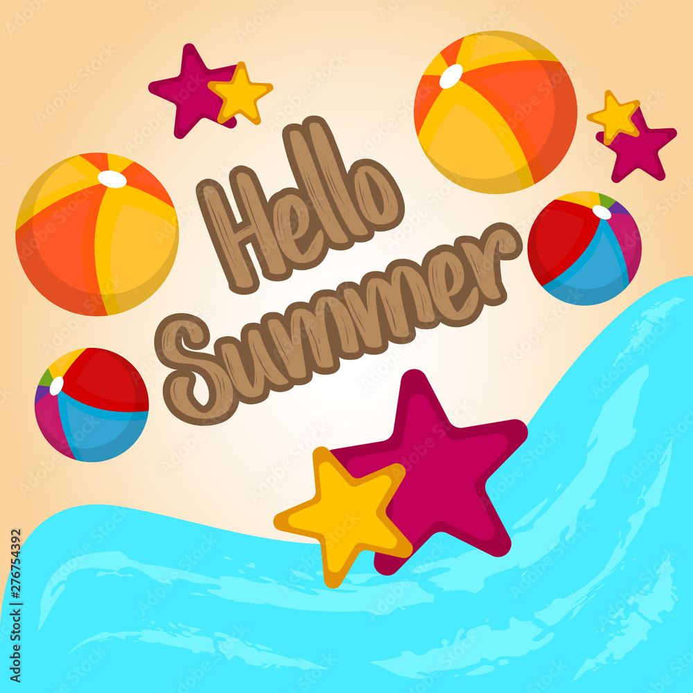 Summer vacation poster with a beach balls and starfishes on a seashore - Vector