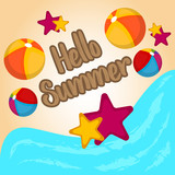 Summer vacation poster with a beach balls and starfishes on a seashore - Vector