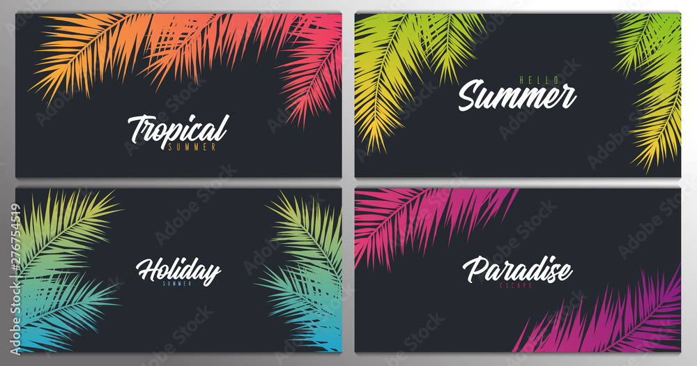 Fototapeta Set of Summer Tropical palm leaves. Exotic palms tree. Floral Background.