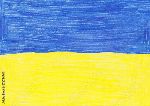 national flag of Ukraine drawn on paper with colored pencils as a children's drawing