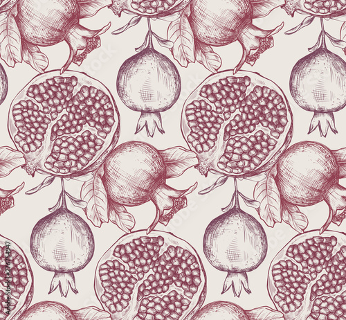 Vector seamless pattern with pomegranate fruits, flowers, branches.