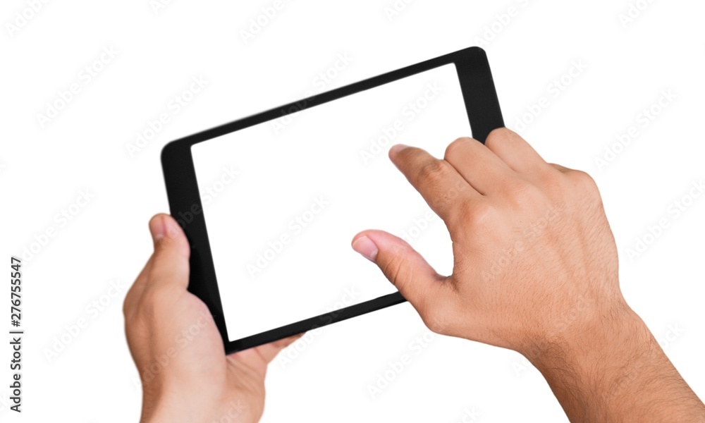 Human hands Holding digital tablet with blank screen isolated on white Human hands Holding digital tablet with blank screen isolated on white