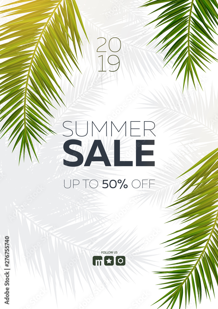 Obraz premium Sale banner with Summer Tropical palm leaves. Exotic palms tree. Floral Background.