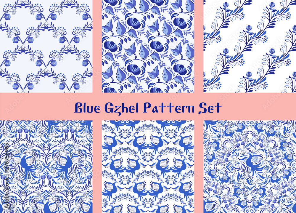 Set of Blue seamless patterns. Backgrounds with flowers and birds in the style of ethnic porcelain painting.