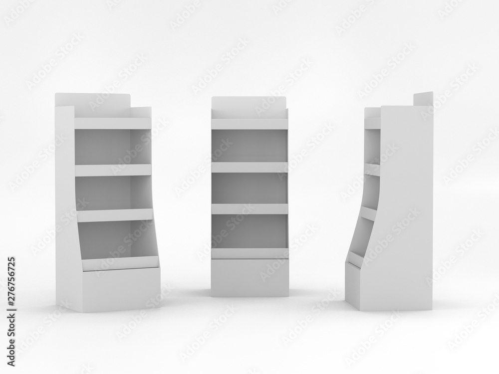 Empty Product Promotional Shelf Display Stand Isolated On White. 3D render Empty Product Promotional Shelf Display Stand Isolated On White. 3D render