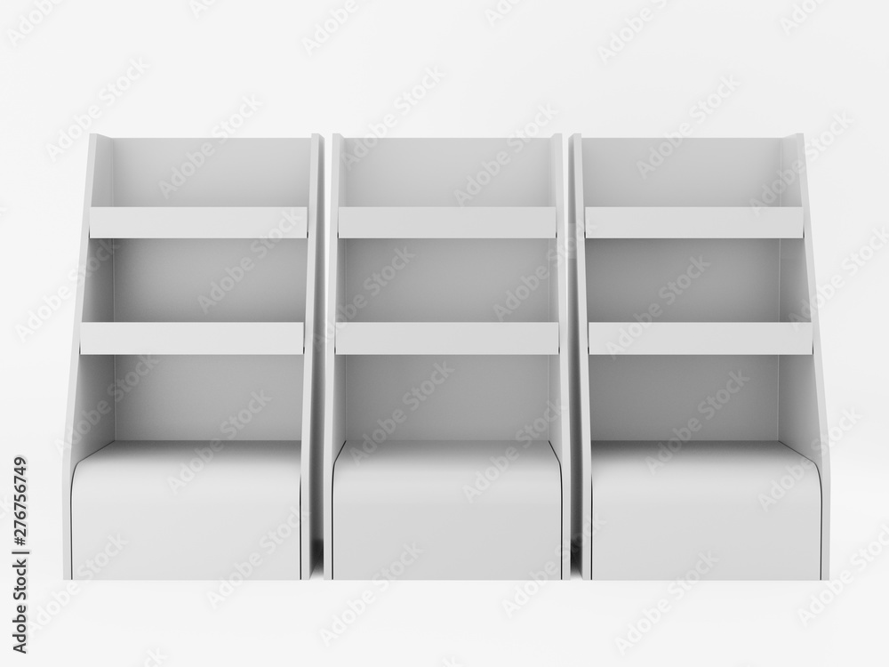 Empty Product Promotional Shelf Display Stand Isolated On White. 3D render Empty Product Promotional Shelf Display Stand Isolated On White. 3D render