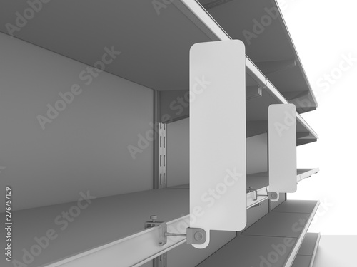 Supermarket Shelves With Attached Banner Or Wobbler. Blank Shelf Flag Display Mock-up. 3D rendering photo
