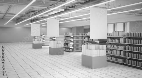 Box Products In Supermarket With Blank Banners And Shelves. 3D rendering