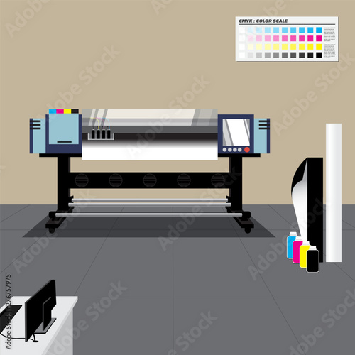 Retro color large printer with explain text. This machine so important for printing industry and advertising such as Banner or Signage, in and outdoor.