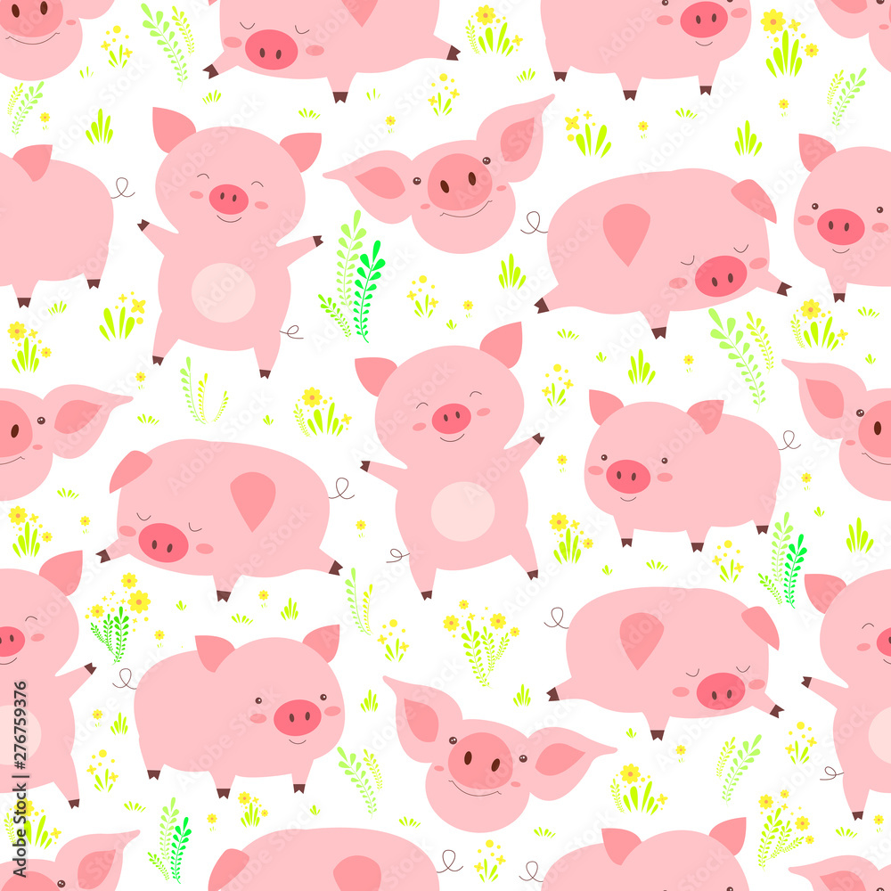 Cute seamless pattern with heerful little fun pigs, in various poses, on the floral glade, isolated white background. Funny cartoon animals vector illustration.