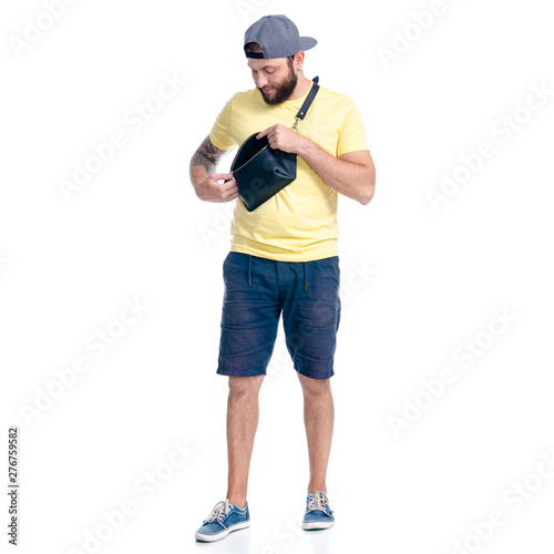 Man in shorts and cap standing happiness smiling on white background isolation © Kabardins photo