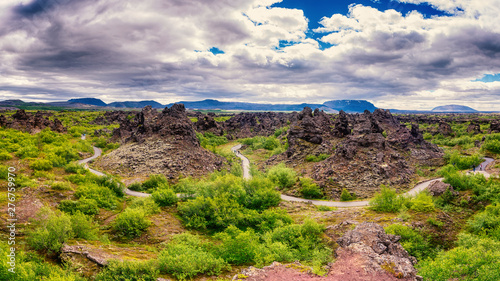 Dimmuborgir lava fields near Myvatn in Iceland. Amazing nature landscape, pan...
