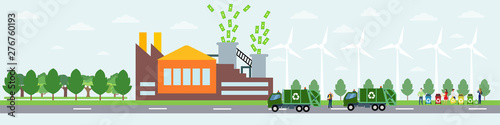 Vector of recycling process with people sorting different types of garbage and truck transporting to a plant