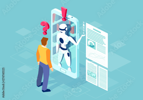 Vector of a man asking a question a robot online on mobile phone.
