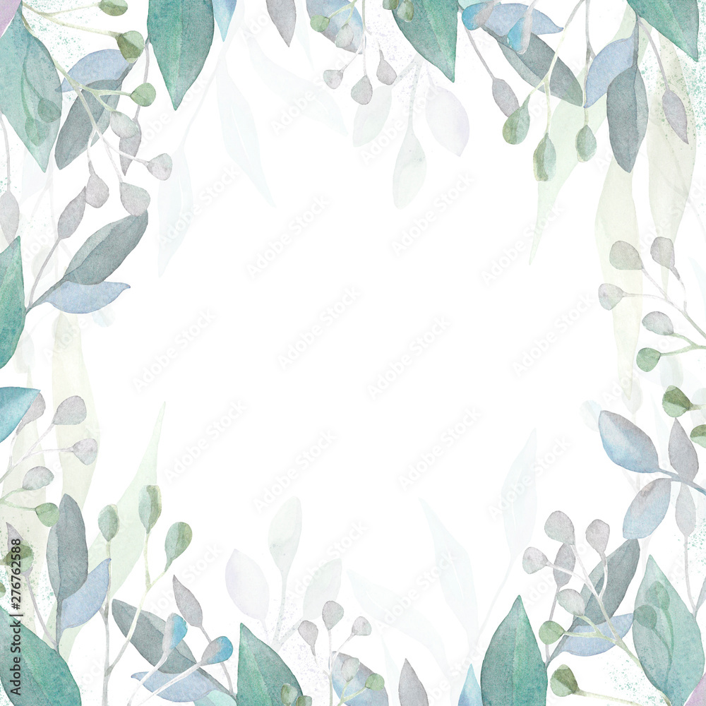 Square herbal frame. Watercolor leaves and branches. Design for invitations and postcards