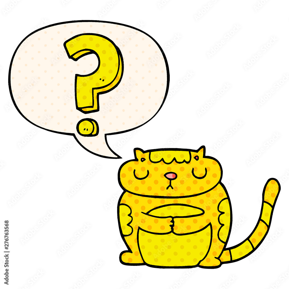 cartoon cat and question mark and speech bubble in comic book style cartoon cat and question mark and speech bubble in comic book style
