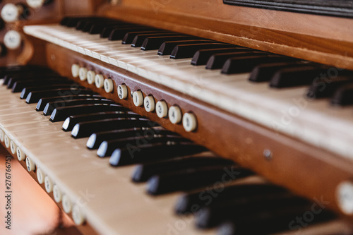 Close up view of a church pipe organ photo