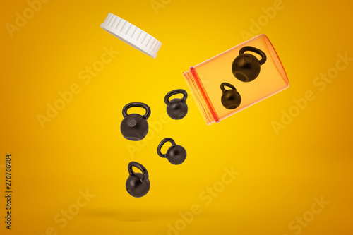 3d rendering of black kettlebells falling from a plastic jar on yellow background