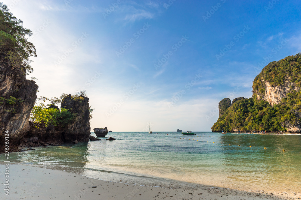 Seascape of beautiful empty tropical beach and lagoon with clear water on Koh Hong Island in Thailand