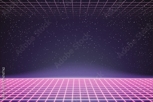 Laser Grid in Deep Space. Retro Futuristic Template in 80s Style. Synthwave, Retrowave, Vaporwave Theme