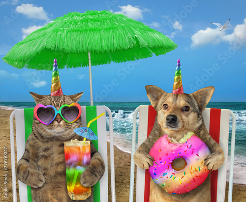 The dog unicorn with a donut and the cat in sunglasses with a glass of colored cocktail are sitting under the green straw umbrella on a beach chairs on the sea shore. © iridi66