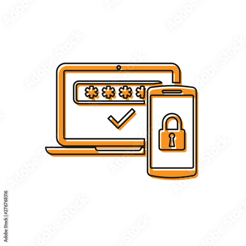 Orange Multi factor, two steps authentication icon isolated on white background. Vector Illustration