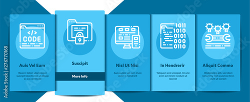 Coding System Vector Onboarding Mobile App Page Screen. Binary Coding System, Data Encryption Linear Pictograms. Web Development, Programming Languages, Bug Fixing, HTML, Script Illustration