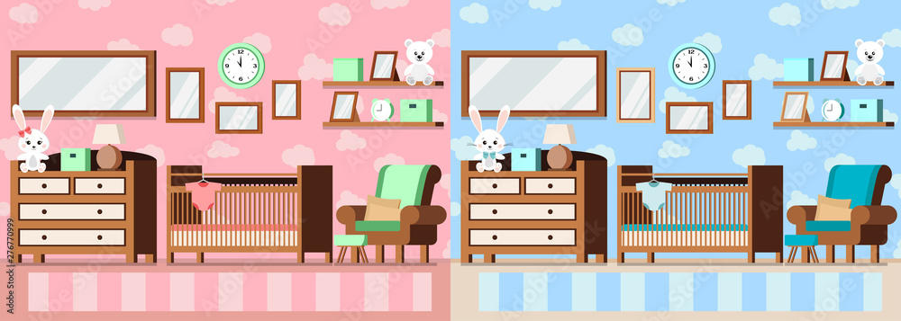 Set cozy baby room interior pink for girl and blue for boy vector interior scene illustration.