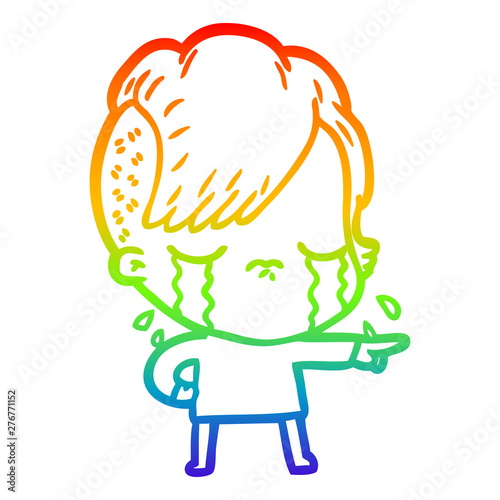 rainbow gradient line drawing cartoon crying girl accusing