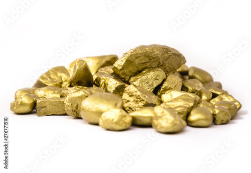 gold nuggets on white background isolated. High resolution photo of gold stones. Concept of luxury and wealth.