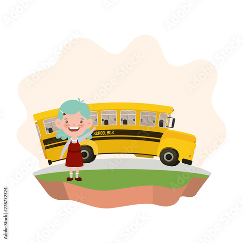 student girl with school bus on the highway