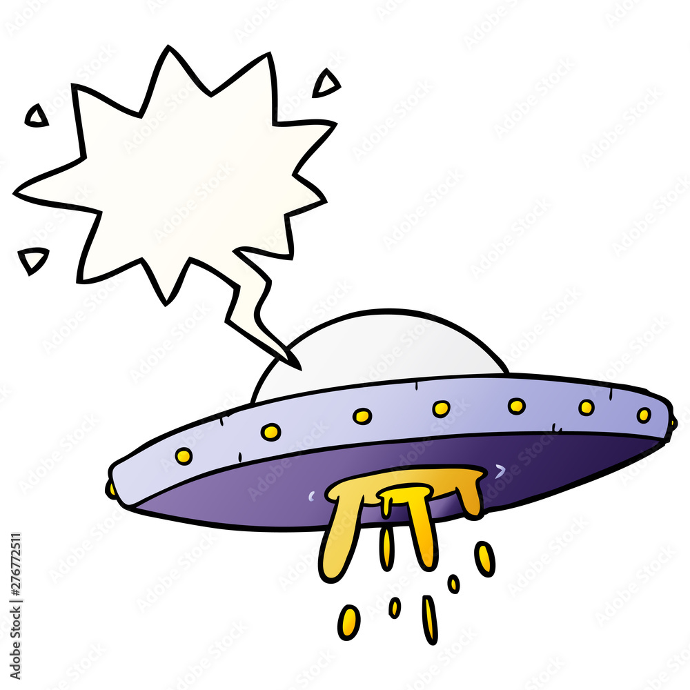 cartoon flying UFO and speech bubble in smooth gradient style cartoon flying UFO and speech bubble in smooth gradient style