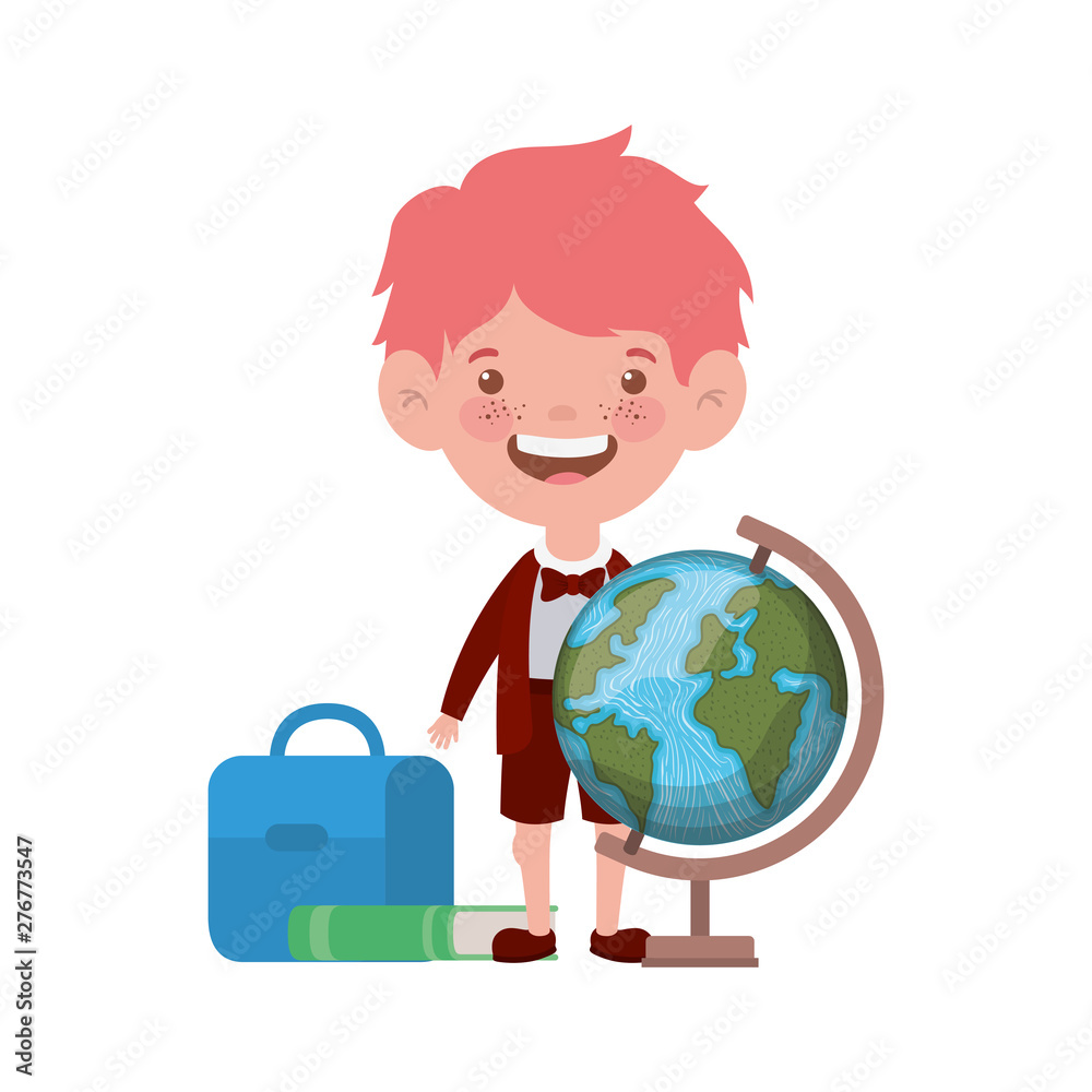 student boy with school supplies on white background student boy with school supplies on white background