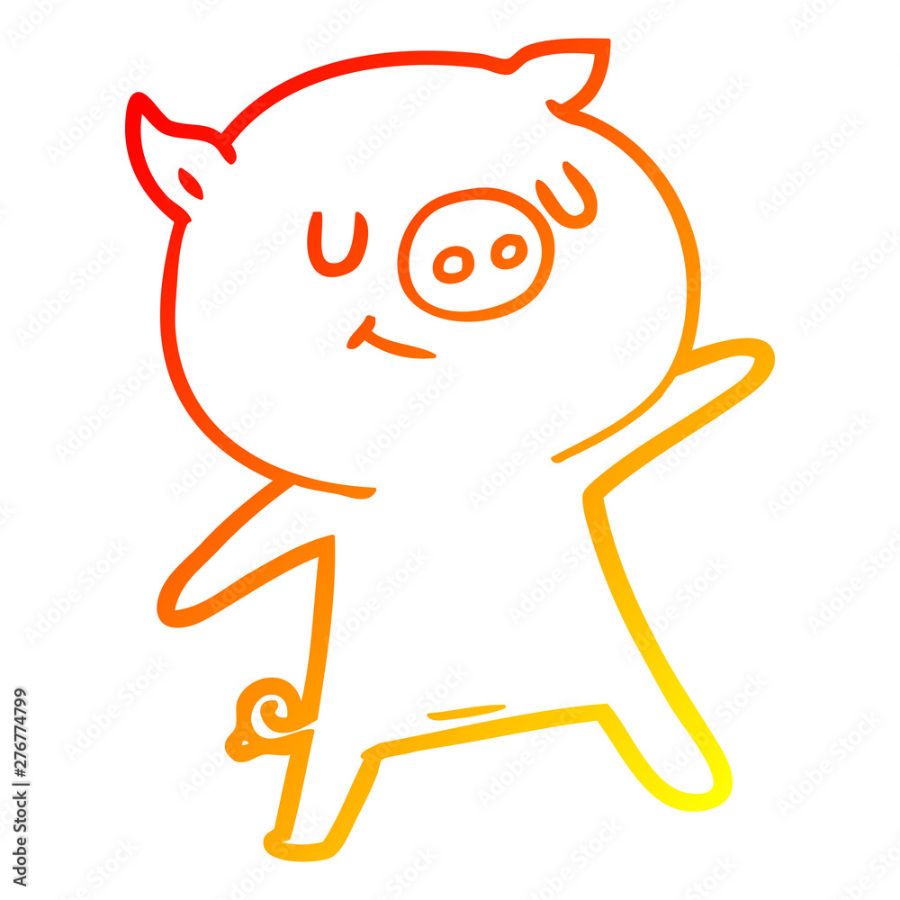 warm gradient line drawing happy cartoon pig waving