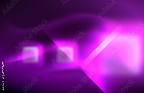 Neon square and line lights on dark background with blurred effects