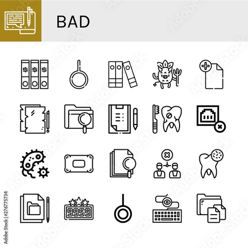 Set of bad icons such as File, Neutral, Files, Devil, Scoring, Broken tooth, Connection error, Bacteria, Pillow, Disagreement, High score, Keylogger , bad