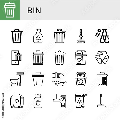 Set of bin icons such as Garbage bin  Bin  Garbage  Trash  Mop  Bottle throw  Recycle  Trash Waste  Recycle Delete  Rubbish  Window cleaner  