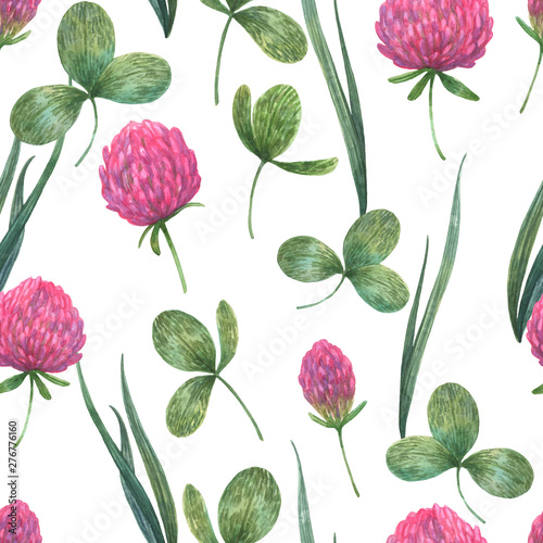 Seamless watercolor pattern with pink blooming clover and lush grass.