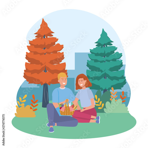 Couple of woman and man having picnic design