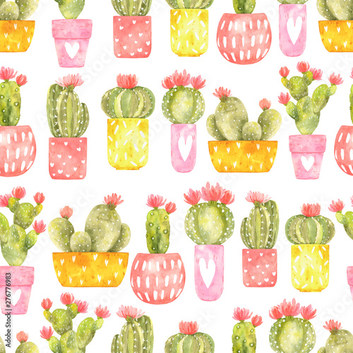 Seamless watercolor pattern with сute blooming cactus in bright pots.