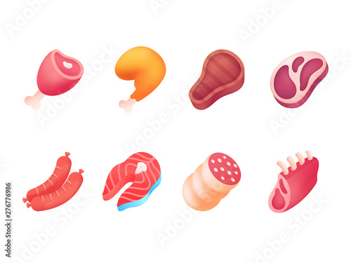 Meat icon set. Beef, pork, ribs, chicken and fish icons isolated on white