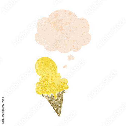 cartoon ice cream and thought bubble in retro textured style