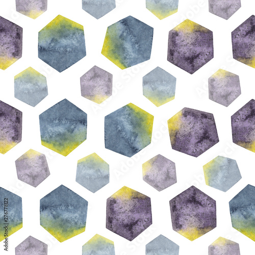 Abstract seamless pattern with watercolor hexagons in yellow, purple and blue colors